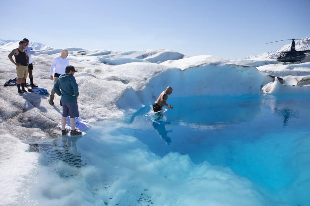 polar plunge knik glacier in Alaska